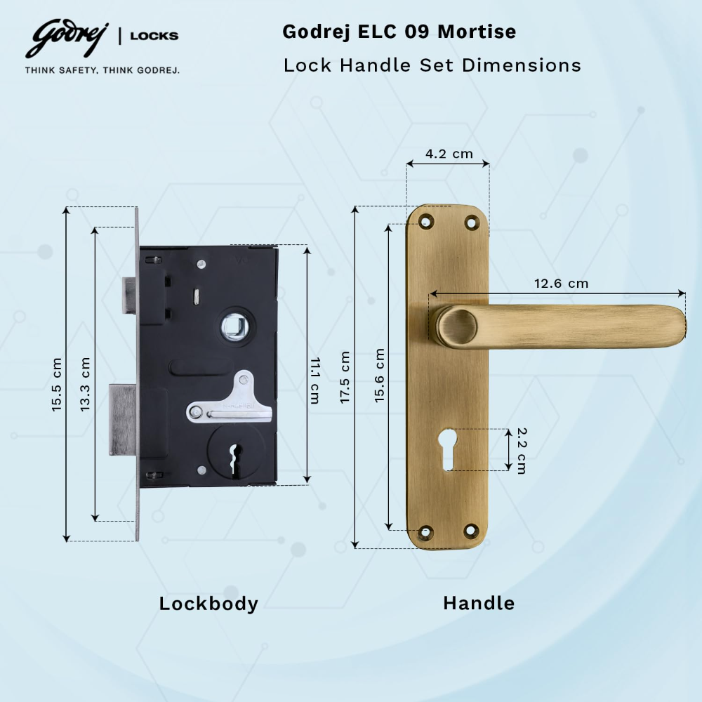 Godrej  Mortise Door Lock | Handle Set | ELC 09 | 6 Lever Locking Mechanism | Reversible Latch | For Home and Office  | for Wooden Doors | Antique Brass Finish | 5 Year Warranty